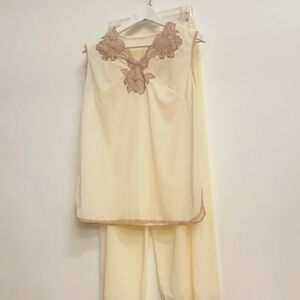 Camisole Pettipants Cream Tan Floral Lace Sleepwear Set M Vintage 80s